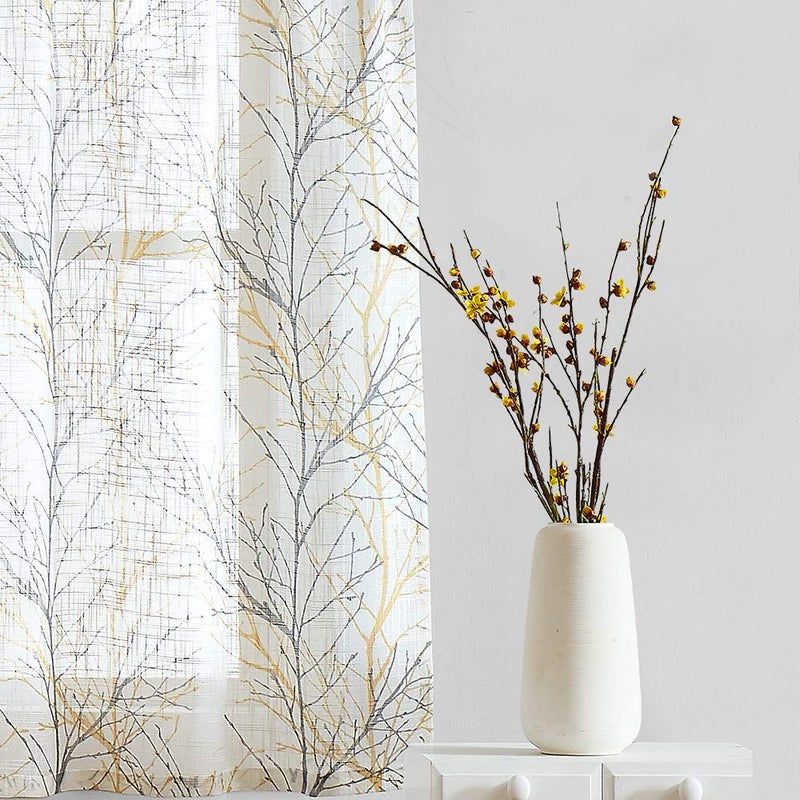 FMFUNCTEX Window Valance Curtains Yellow Grey Tree Branch Print on Semi Sheer White Short Valance for Kitchen Bathroom Rod Pocket Window Treatment 1 Panel, 50 x 15 Inches - Image 4